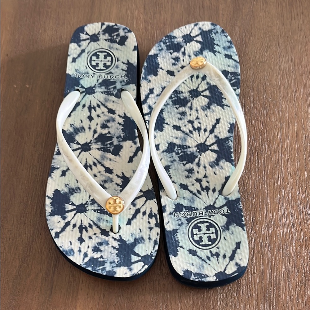 Tory Burch Blue and White Tie-Dye Sandals